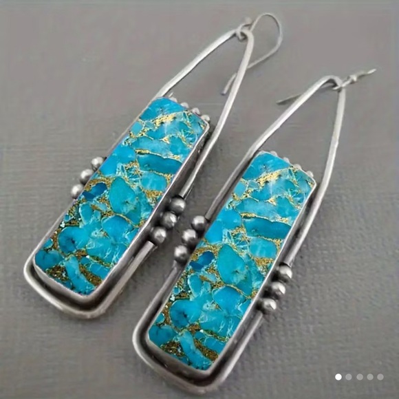 Silver and Blue Rectangular Dangle Earrings - Picture 3 of 3